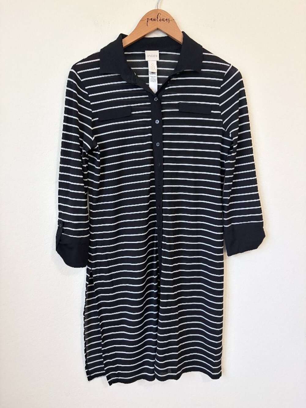 Chico's Top Womens 0 Small Black Striped Button Front Long Sleeve Tunic S
